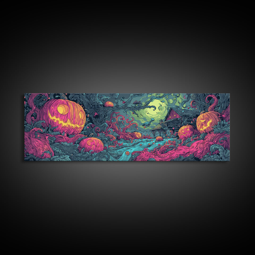 The Harvest Of The Eldritch Field, Cosmic Synthwave Horror, Extra Wide Wall Art, Canvas Print, Retro Halloween Decor, Neon Wall Art