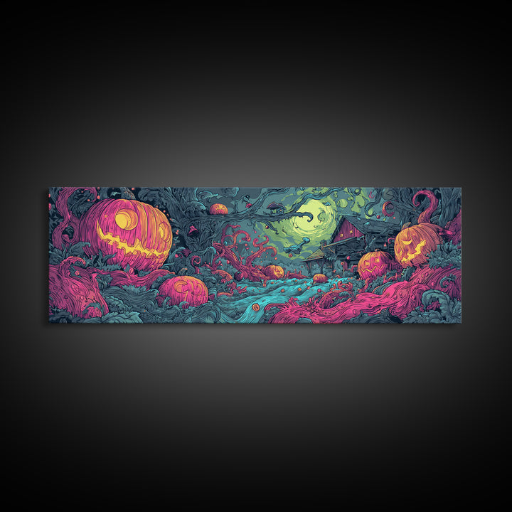 The Harvest Of The Eldritch Field, Cosmic Synthwave Horror, Extra Wide Wall Art, Canvas Print, Retro Halloween Decor, Neon Wall Art