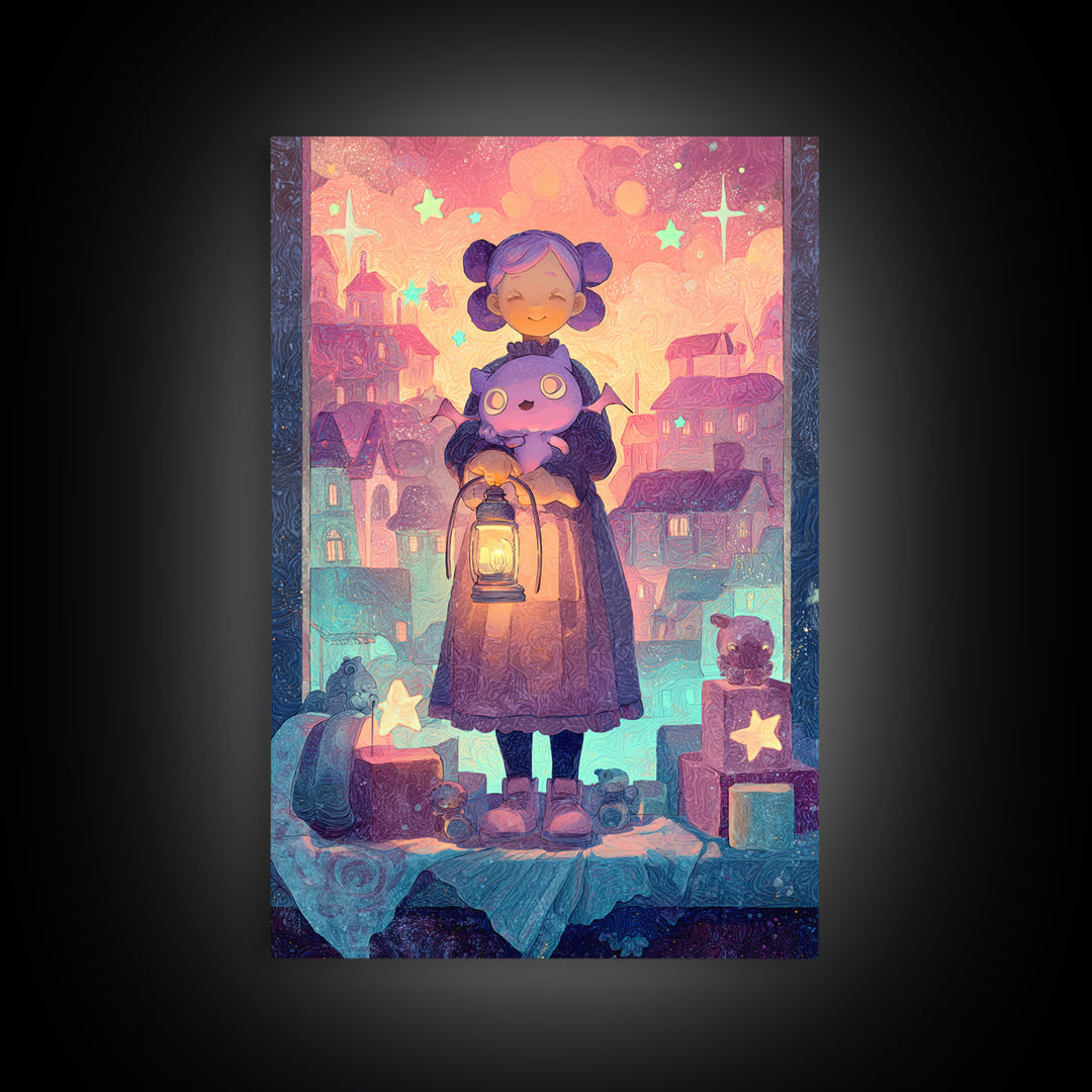 The Child Who Caught A Moon-Spawn, Vaporwave Halloween Decor, Vertical Wall Art, Framed Canvas Print, Retro Halloween Decor, Neon Wall Art