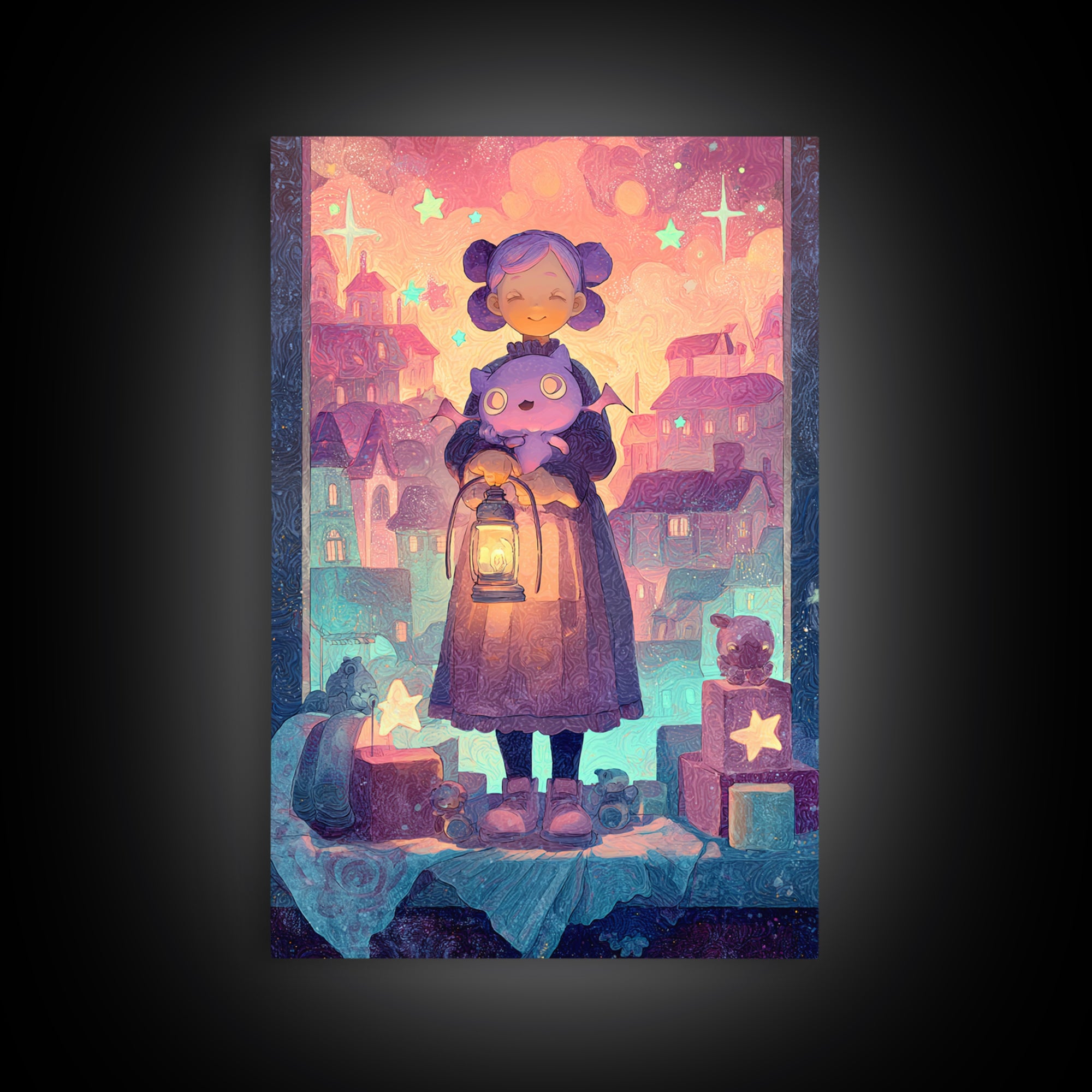 The Child Who Caught A Moon-Spawn, Vaporwave Halloween Decor, Vertical Wall Art, Framed Canvas Print, Retro Halloween Decor, Neon Wall Art