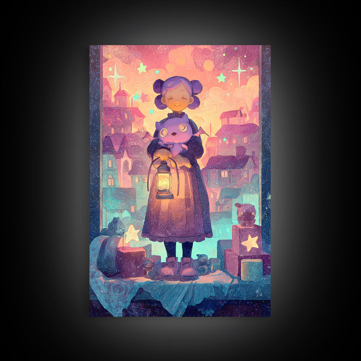 The Child Who Caught A Moon-Spawn, Vaporwave Halloween Decor, Vertical Wall Art, Framed Canvas Print, Retro Halloween Decor, Neon Wall Art