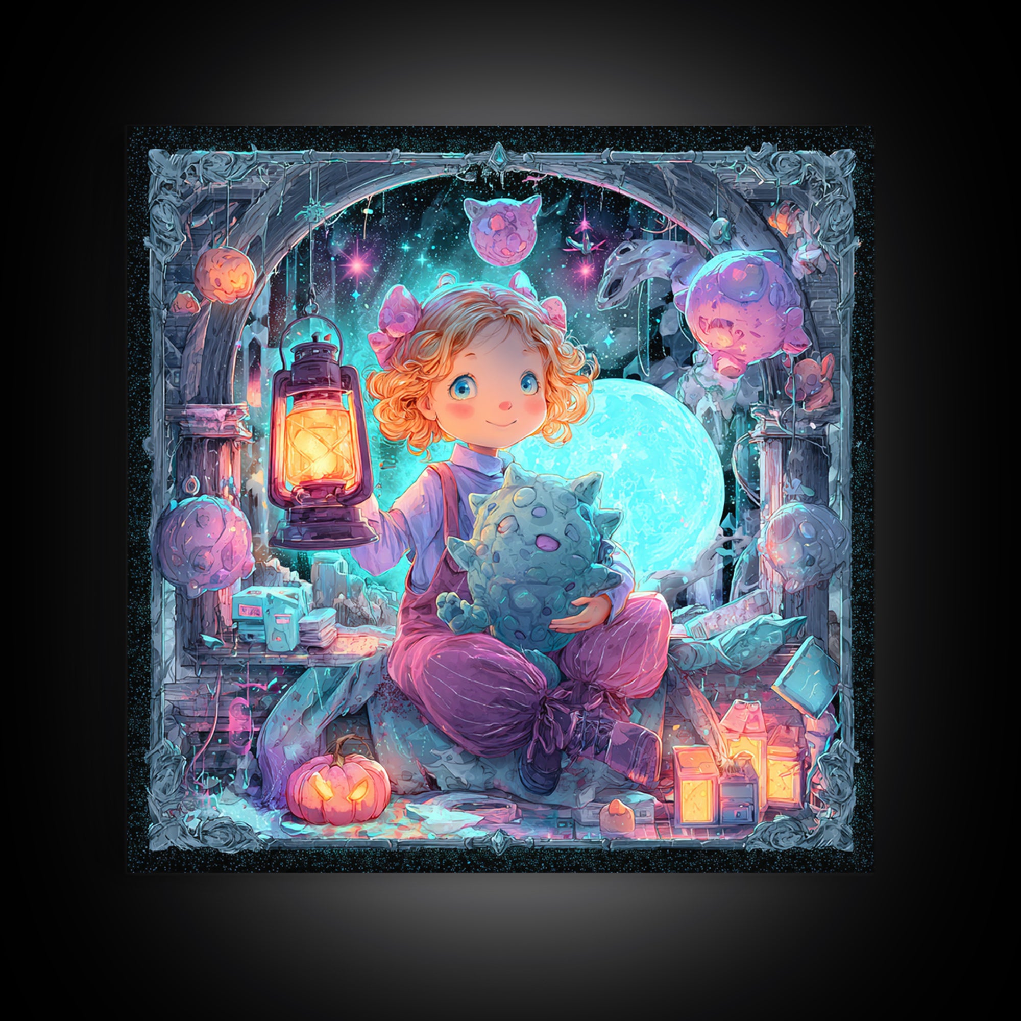 The Child Who Caught A Moon-Spawn, Vaporwave Halloween Decor, Square Wall Art, Canvas Print, Retro Halloween Decor, Neon Wall Art