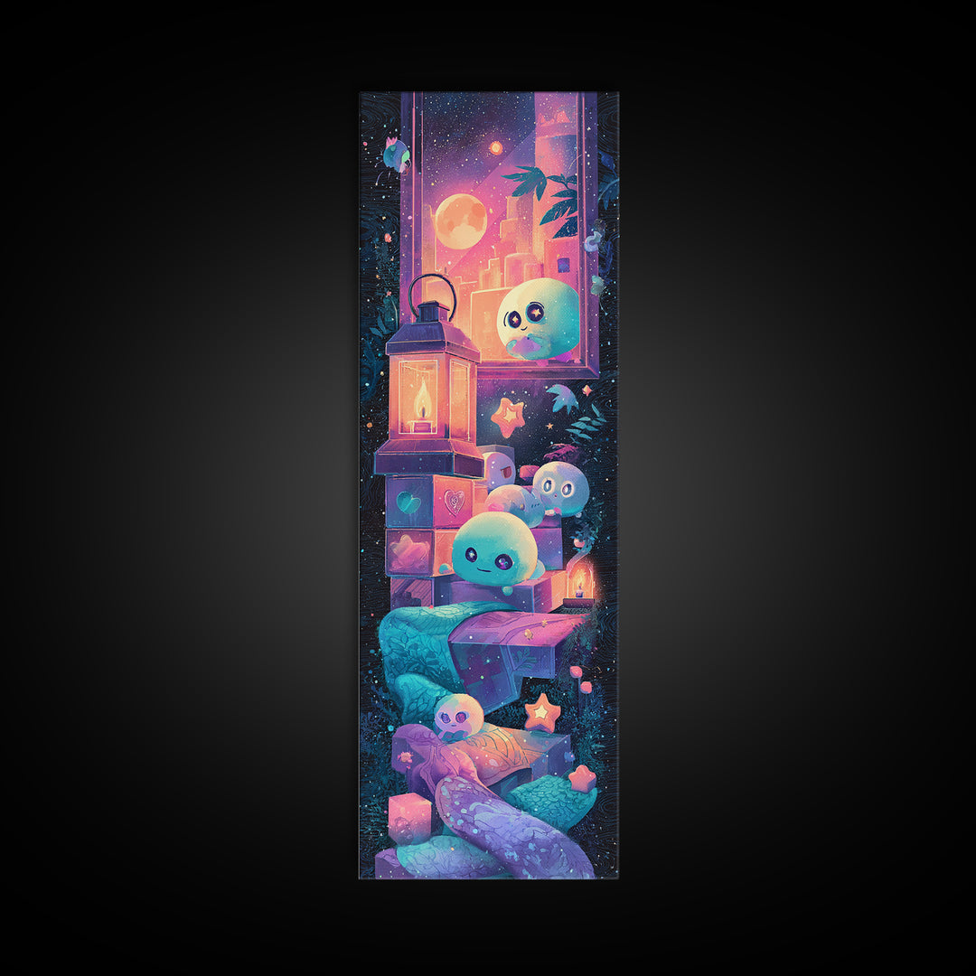 The Child Who Caught A Moon-Spawn, Synthwave Halloween Art, Tall Narrow Wall Art, Canvas Print, Retro Halloween Decor, Neon Wall Art
