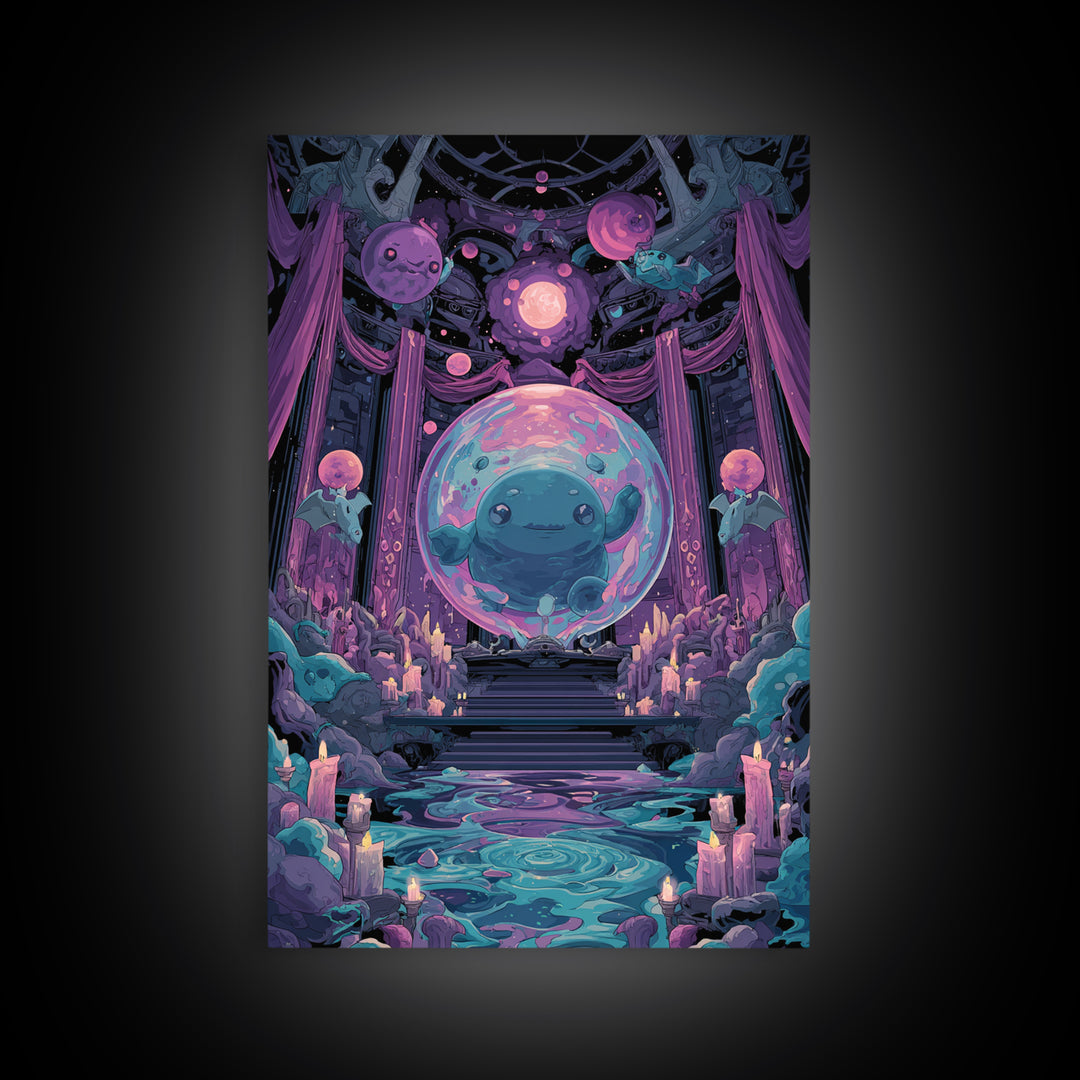 The Oracle Of The Glass Depths, Cute Eldritch Neon Art, Vertical Wall Art, Canvas Print, Retro Halloween Decor, Neon Wall Art