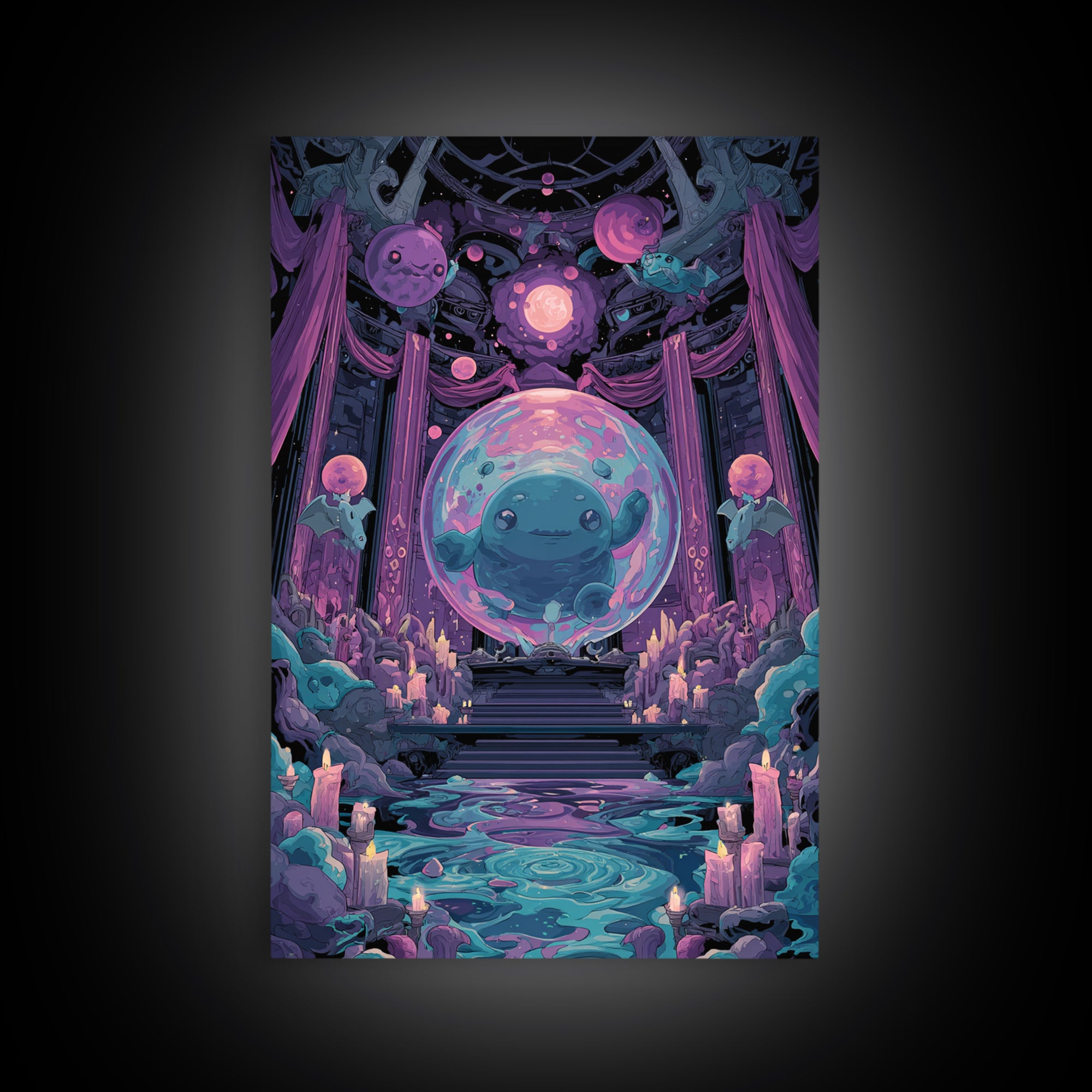 The Oracle Of The Glass Depths, Cute Eldritch Neon Art, Vertical Wall Art, Canvas Print, Retro Halloween Decor, Neon Wall Art