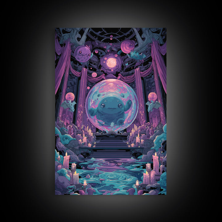 The Oracle Of The Glass Depths, Cute Eldritch Neon Art, Vertical Wall Art, Canvas Print, Retro Halloween Decor, Neon Wall Art