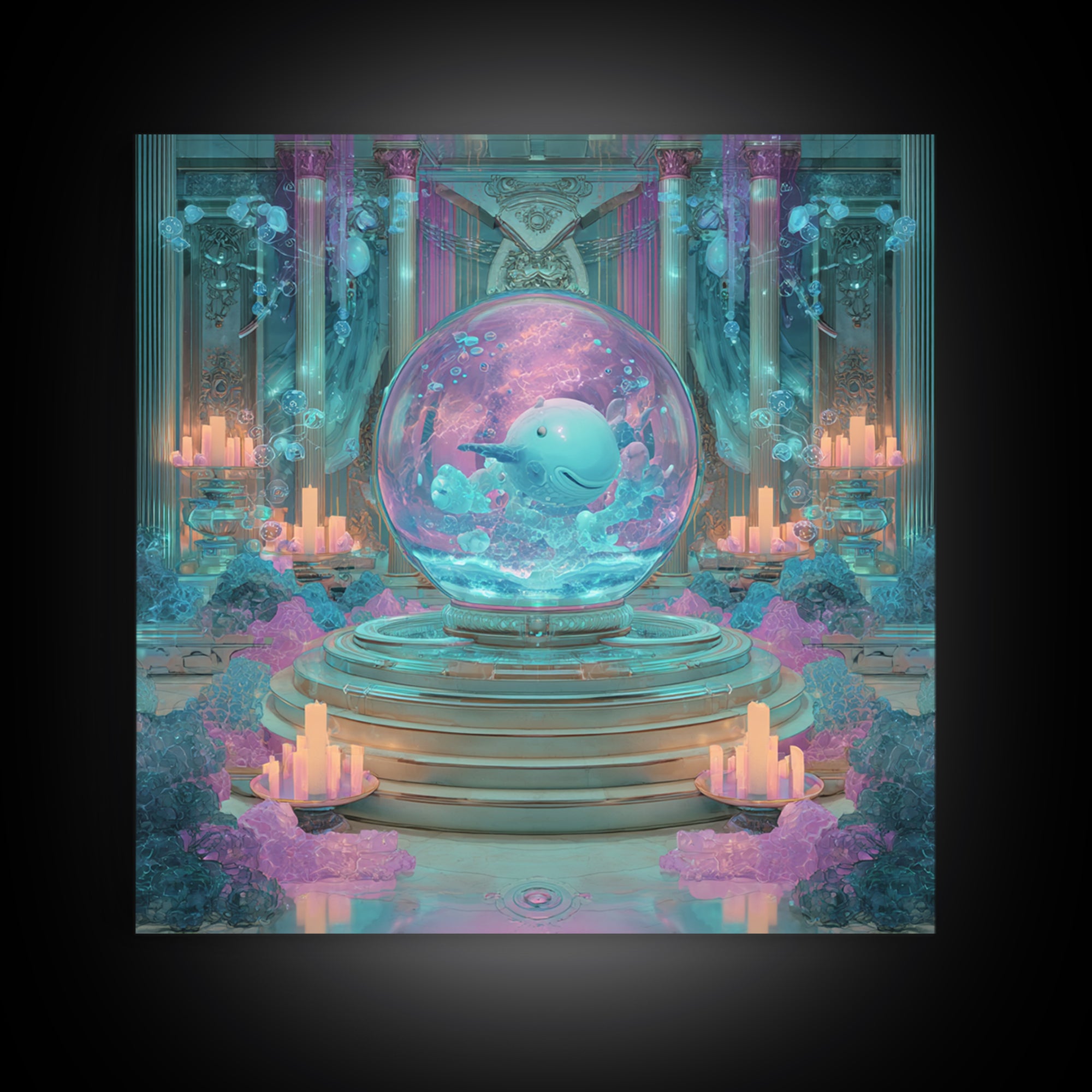 The Oracle Of The Glass Depths, Synthwave Halloween Art, Square Wall Art, Framed Canvas Print, Retro Halloween Decor, Neon Wall Art