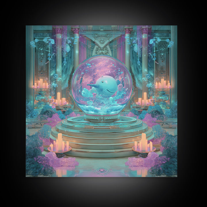 The Oracle Of The Glass Depths, Synthwave Halloween Art, Square Wall Art, Framed Canvas Print, Retro Halloween Decor, Neon Wall Art