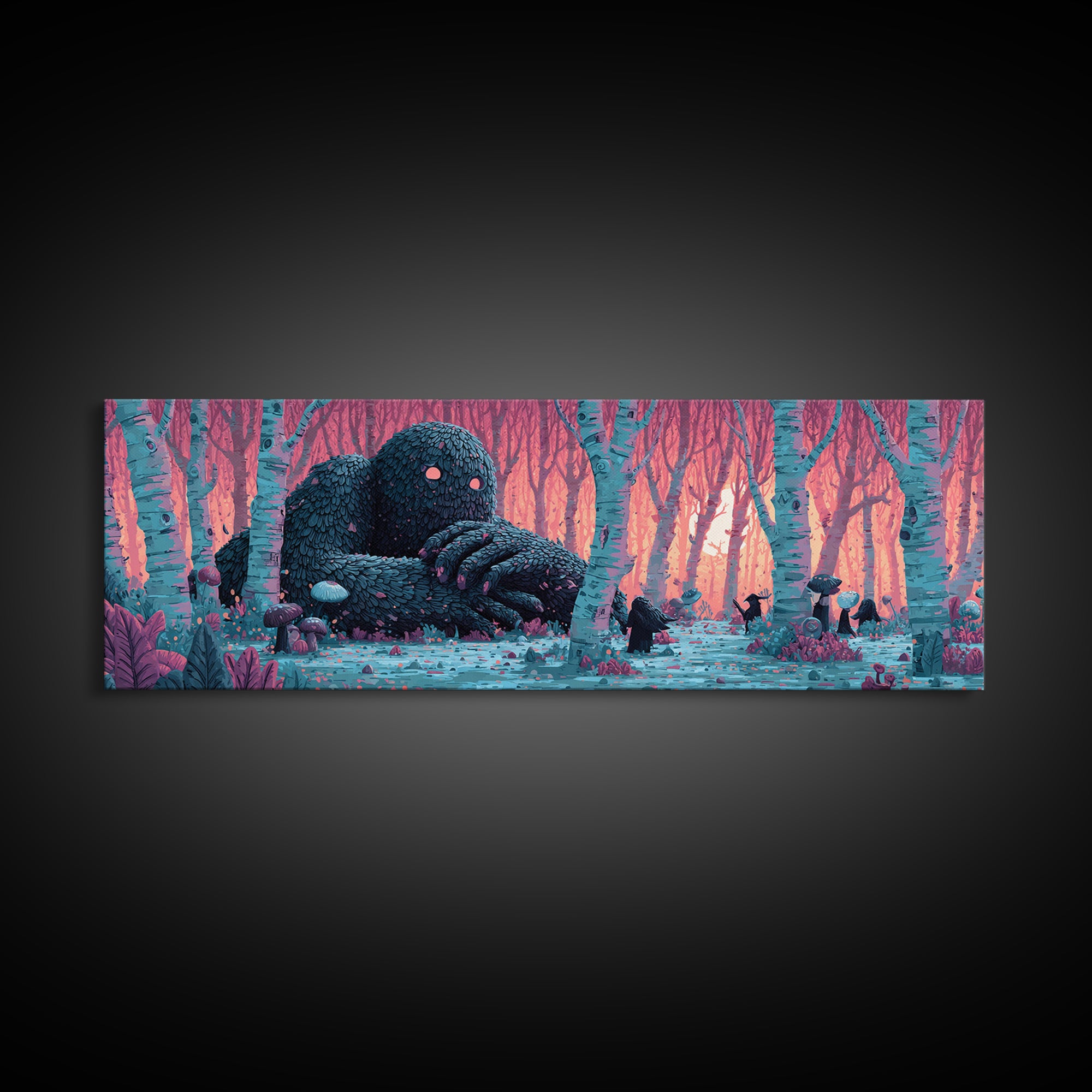 The Sleeper In The Birch Grove, Cosmic Synthwave Horror, Extra Wide Wall Art, Canvas Print, Retro Halloween Decor, Neon Wall Art