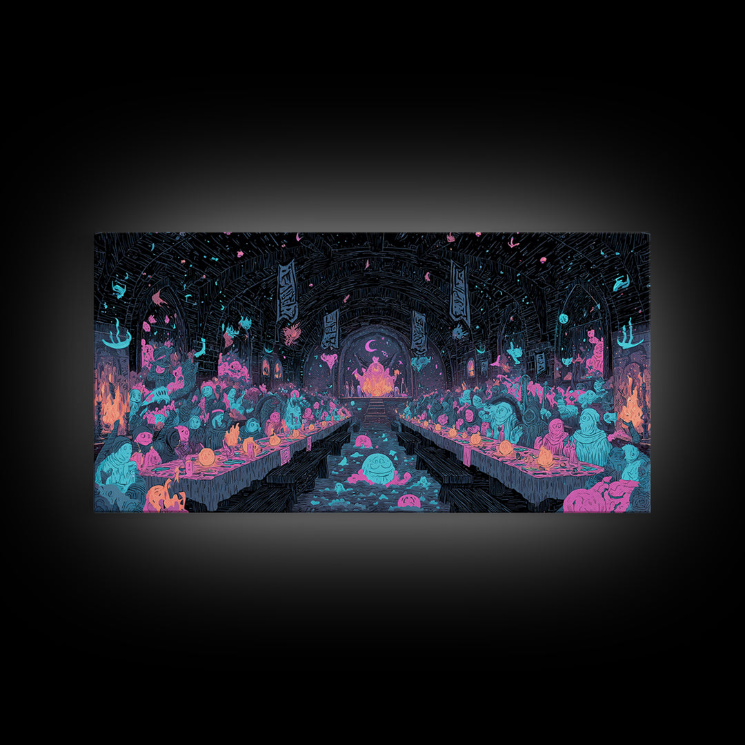 The Feast Of The Pale Cult, Synthwave Halloween Art, Wide Panoramic Art, Canvas Print, Retro Halloween Decor, Neon Wall Art