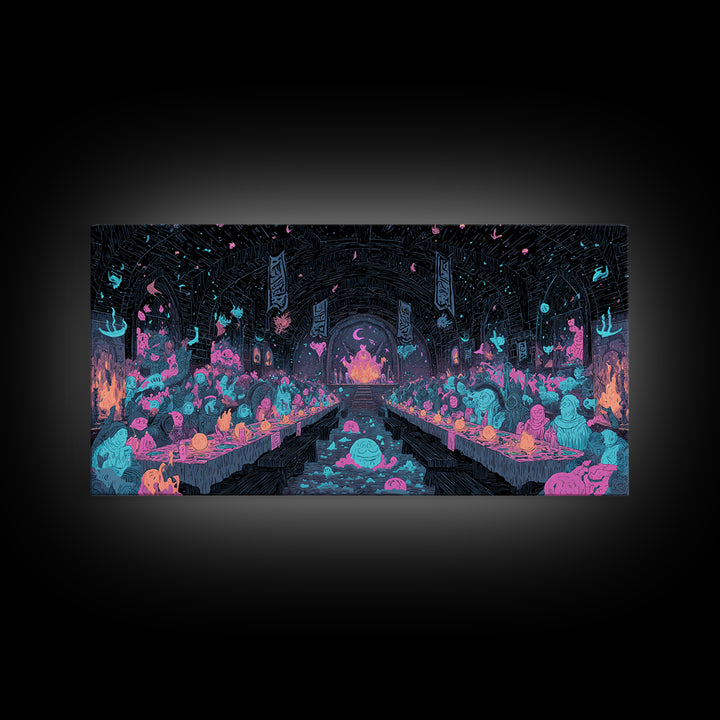 The Feast Of The Pale Cult, Synthwave Halloween Art, Wide Panoramic Art, Canvas Print, Retro Halloween Decor, Neon Wall Art