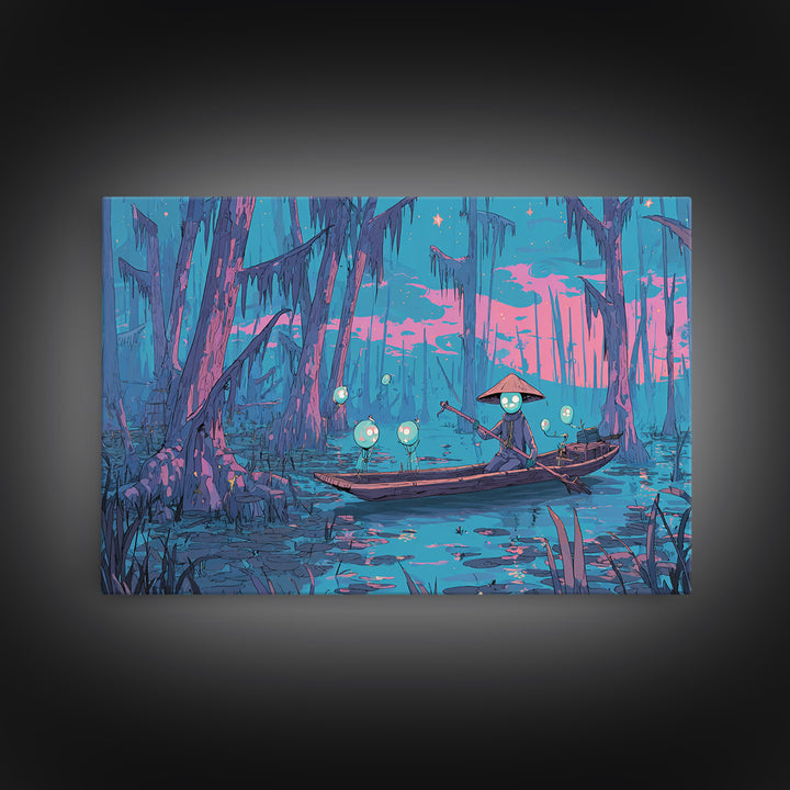 The Ferryman Of The Outer Marsh, Synthwave Halloween Art, Landscape Wall Art, Framed Canvas Print, Retro Halloween Decor, Neon Wall Art