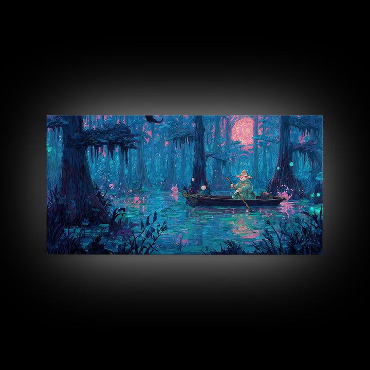 The Ferryman Of The Outer Marsh, 80s Halloween Wall Art, Wide Panoramic Art, Canvas Print, Retro Halloween Decor, Neon Wall Art