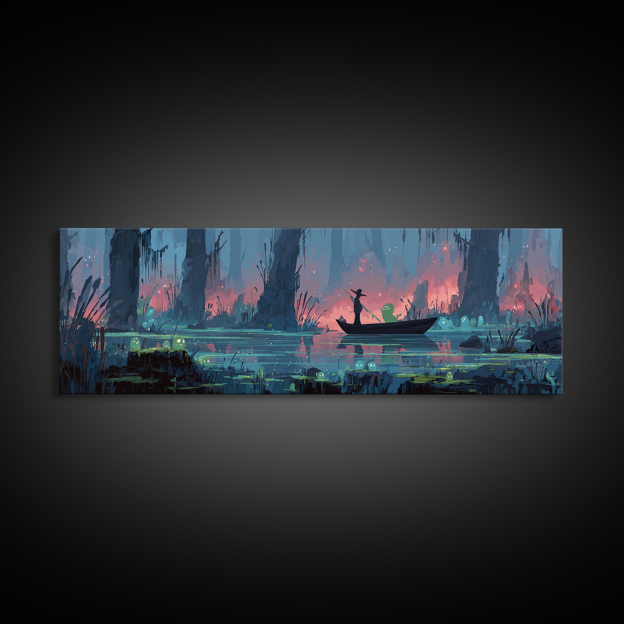 The Ferryman Of The Outer Marsh, Synthwave Halloween Art, Extra Wide Wall Art, Canvas Print, Retro Halloween Decor, Neon Wall Art