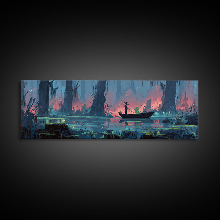 The Ferryman Of The Outer Marsh, Synthwave Halloween Art, Extra Wide Wall Art, Canvas Print, Retro Halloween Decor, Neon Wall Art