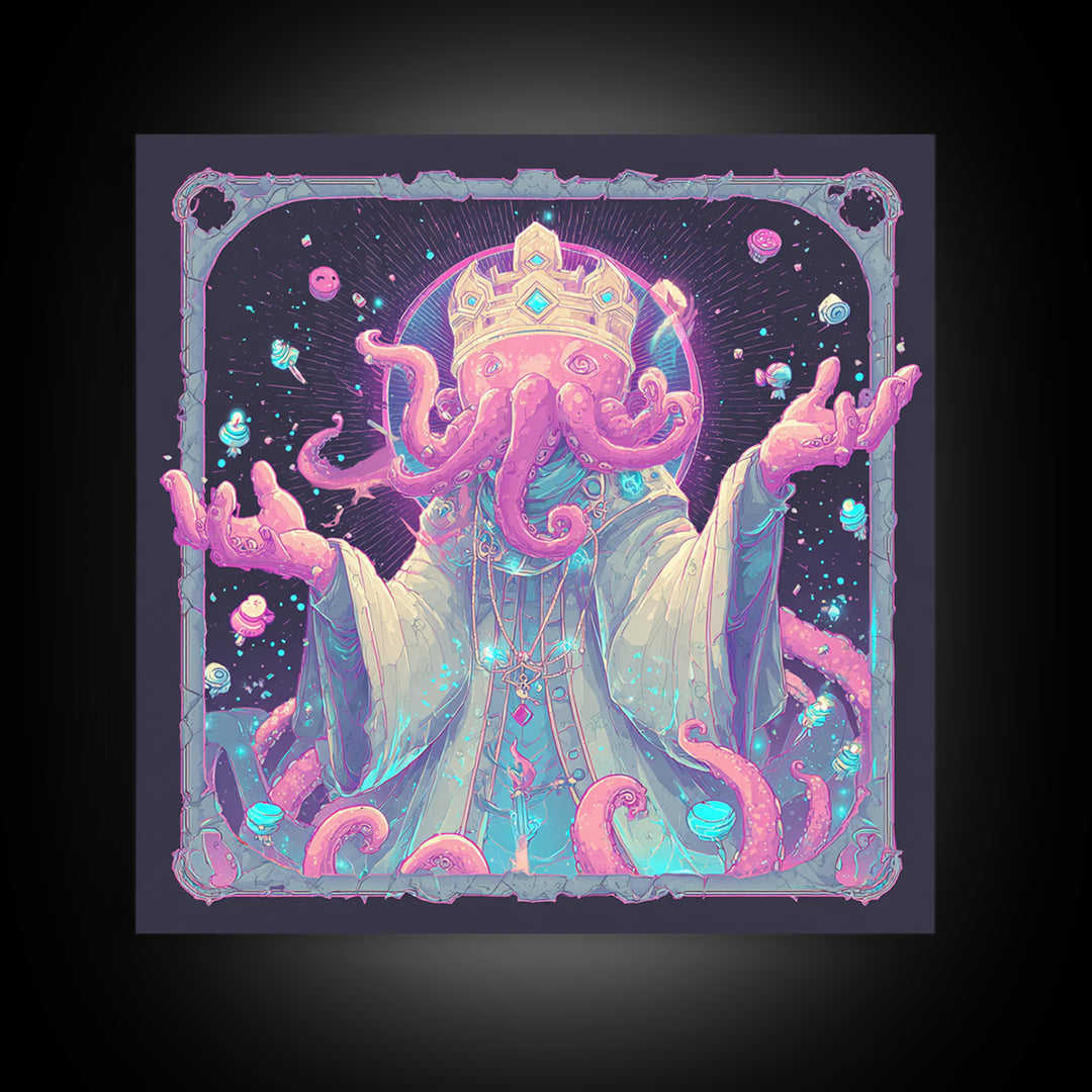 The Crown Of The Tentacled Saint, 80s Halloween Wall Art, Square Wall Art, Canvas Print, Retro Halloween Decor, Neon Wall Art