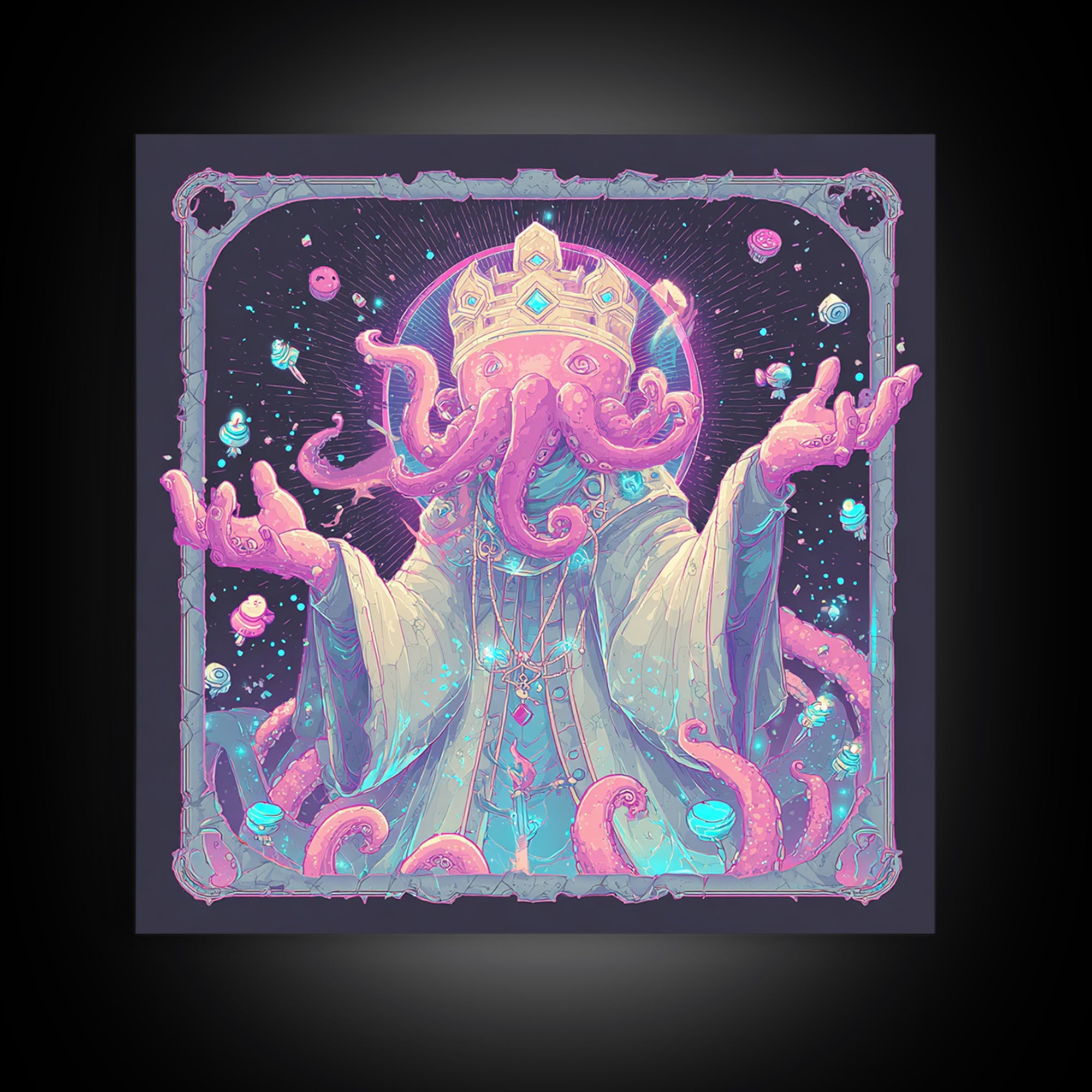 The Crown Of The Tentacled Saint, 80s Halloween Wall Art, Square Wall Art, Canvas Print, Retro Halloween Decor, Neon Wall Art