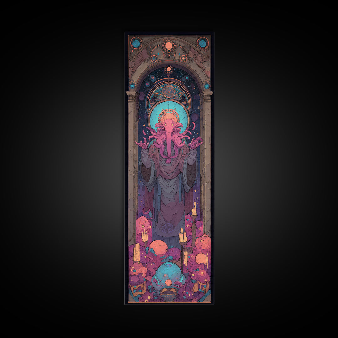 The Crown Of The Tentacled Saint, Cute Eldritch Neon Art, Tall Narrow Wall Art, Framed Canvas Print, Retro Halloween Decor, Neon Wall Art