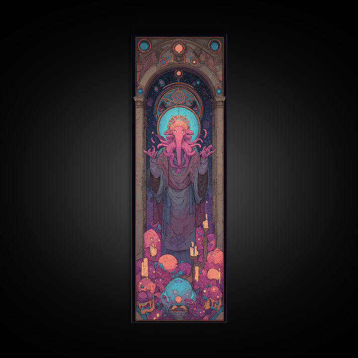 The Crown Of The Tentacled Saint, Cute Eldritch Neon Art, Tall Narrow Wall Art, Framed Canvas Print, Retro Halloween Decor, Neon Wall Art