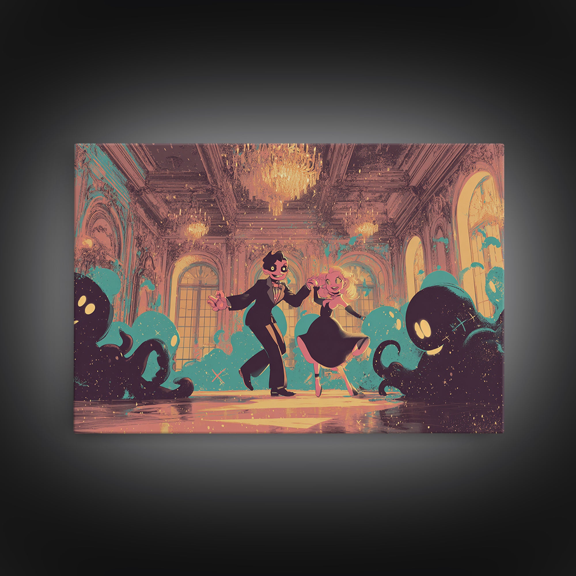 The Ballroom Of Silent Shoggoths, Synthwave Halloween Art, Landscape Wall Art, Canvas Print, Retro Halloween Decor, Neon Wall Art