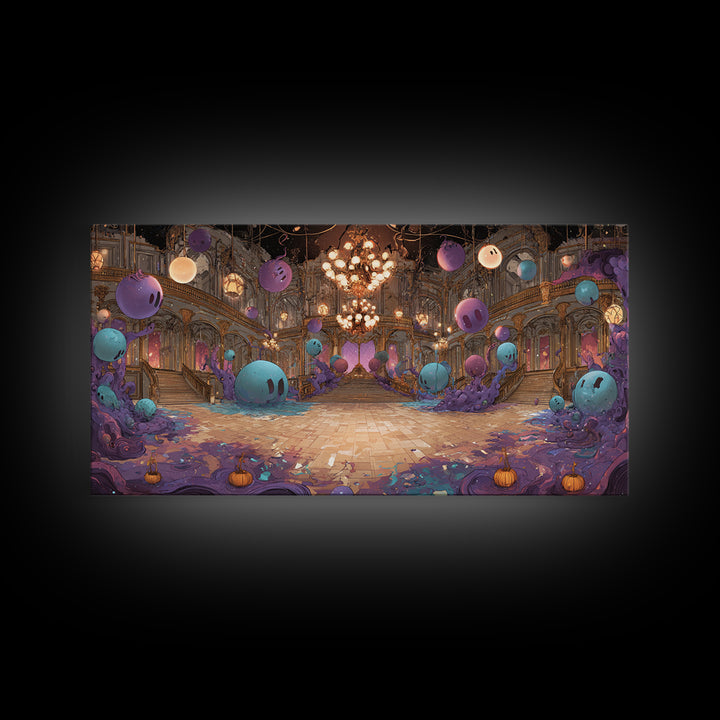 The Ballroom Of Silent Shoggoths, Cute Eldritch Neon Art, Wide Panoramic Art, Framed Canvas Print, Retro Halloween Decor, Neon Wall Art