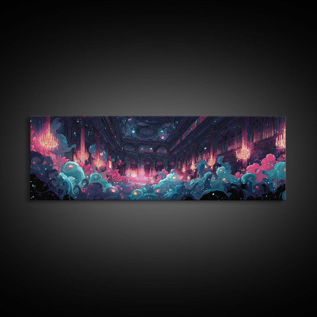 The Ballroom Of Silent Shoggoths, Cute Spooky Neon Art, Extra Wide Wall Art, Canvas Print, Retro Halloween Decor, Neon Wall Art