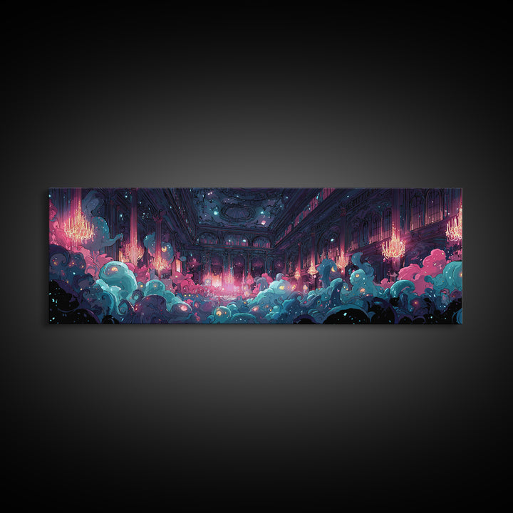 The Ballroom Of Silent Shoggoths, Cute Spooky Neon Art, Extra Wide Wall Art, Canvas Print, Retro Halloween Decor, Neon Wall Art