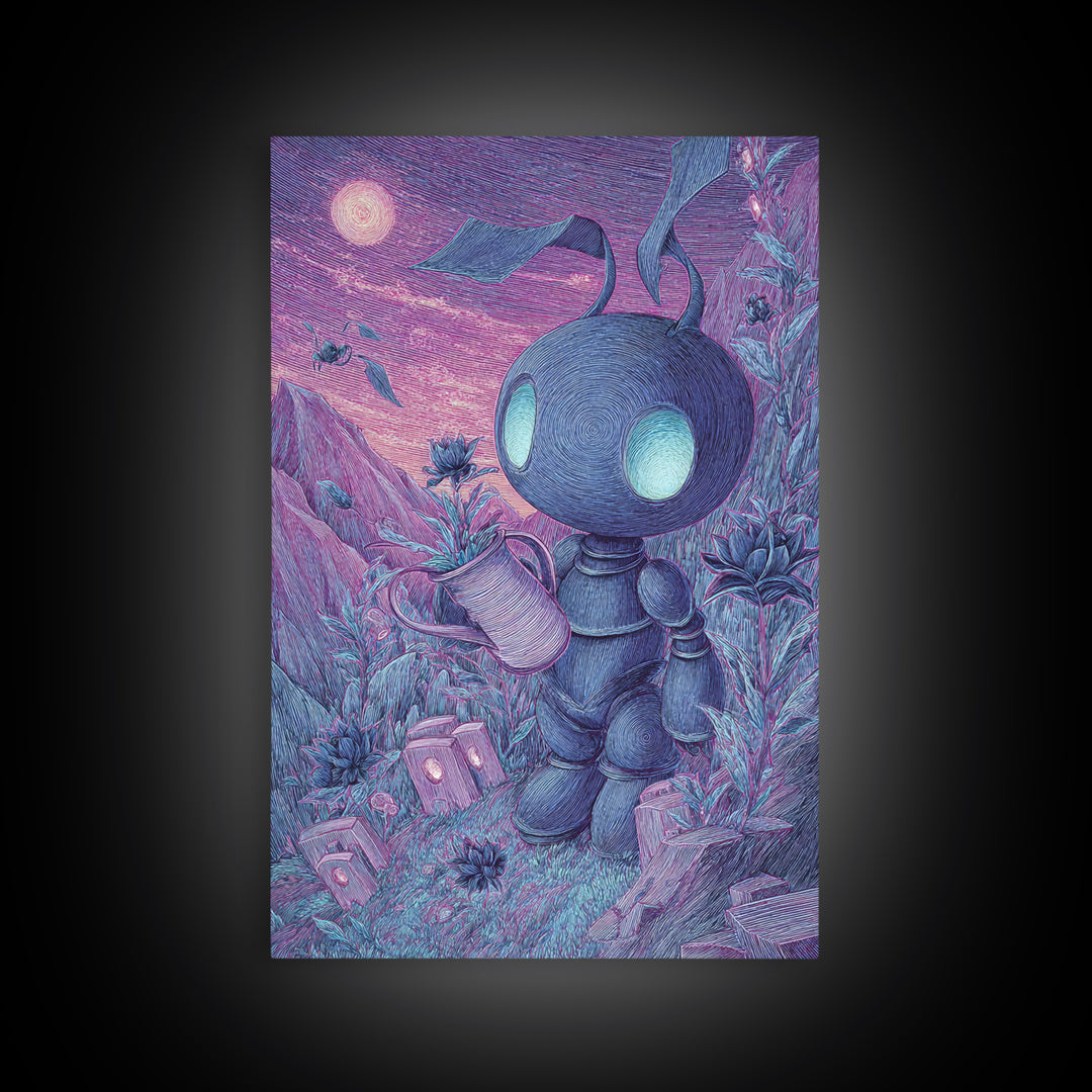 The Grave Gardener Of Yuggoth, Vaporwave Halloween Decor, Vertical Wall Art, Canvas Print, Retro Halloween Decor, Neon Wall Art