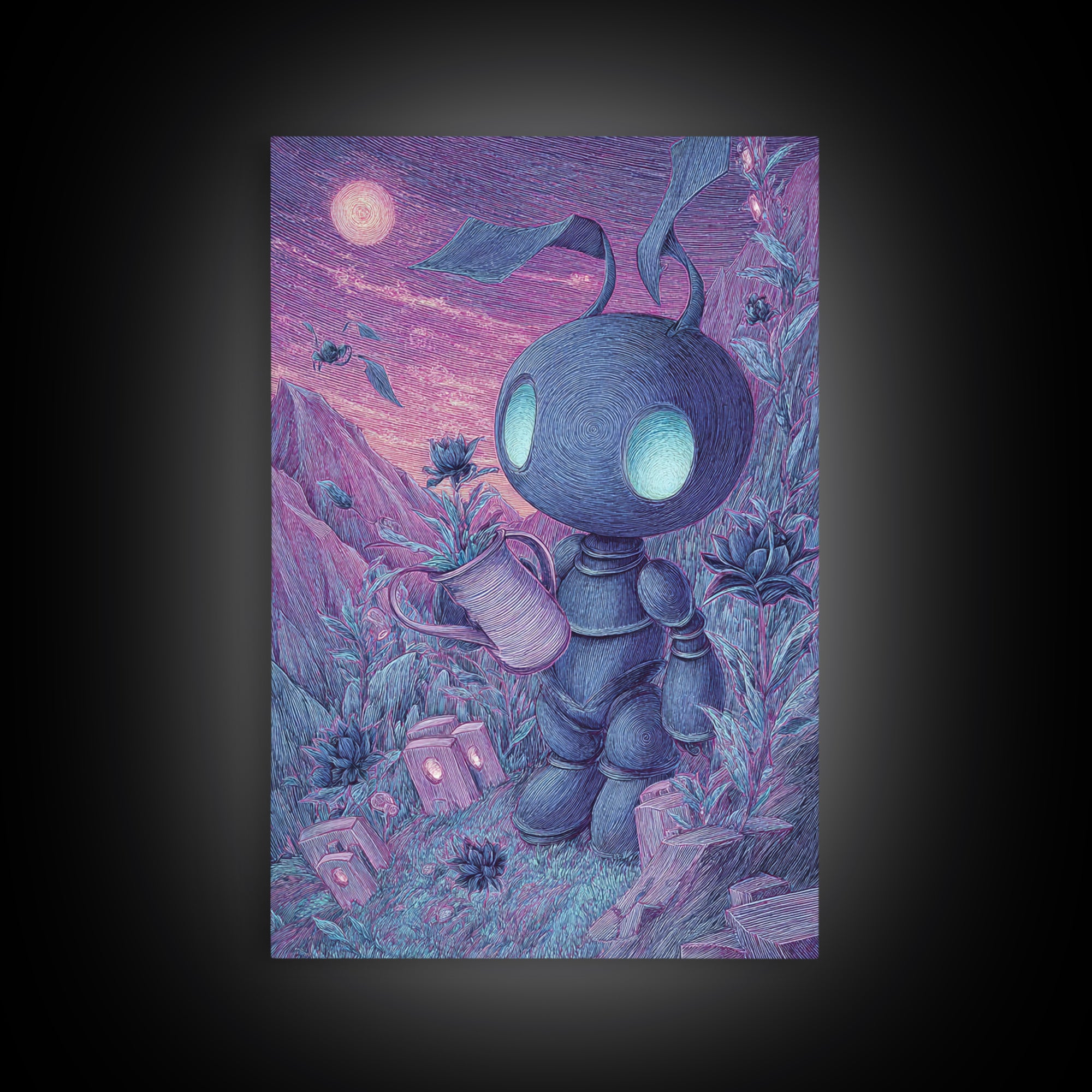 The Grave Gardener Of Yuggoth, Vaporwave Halloween Decor, Vertical Wall Art, Canvas Print, Retro Halloween Decor, Neon Wall Art