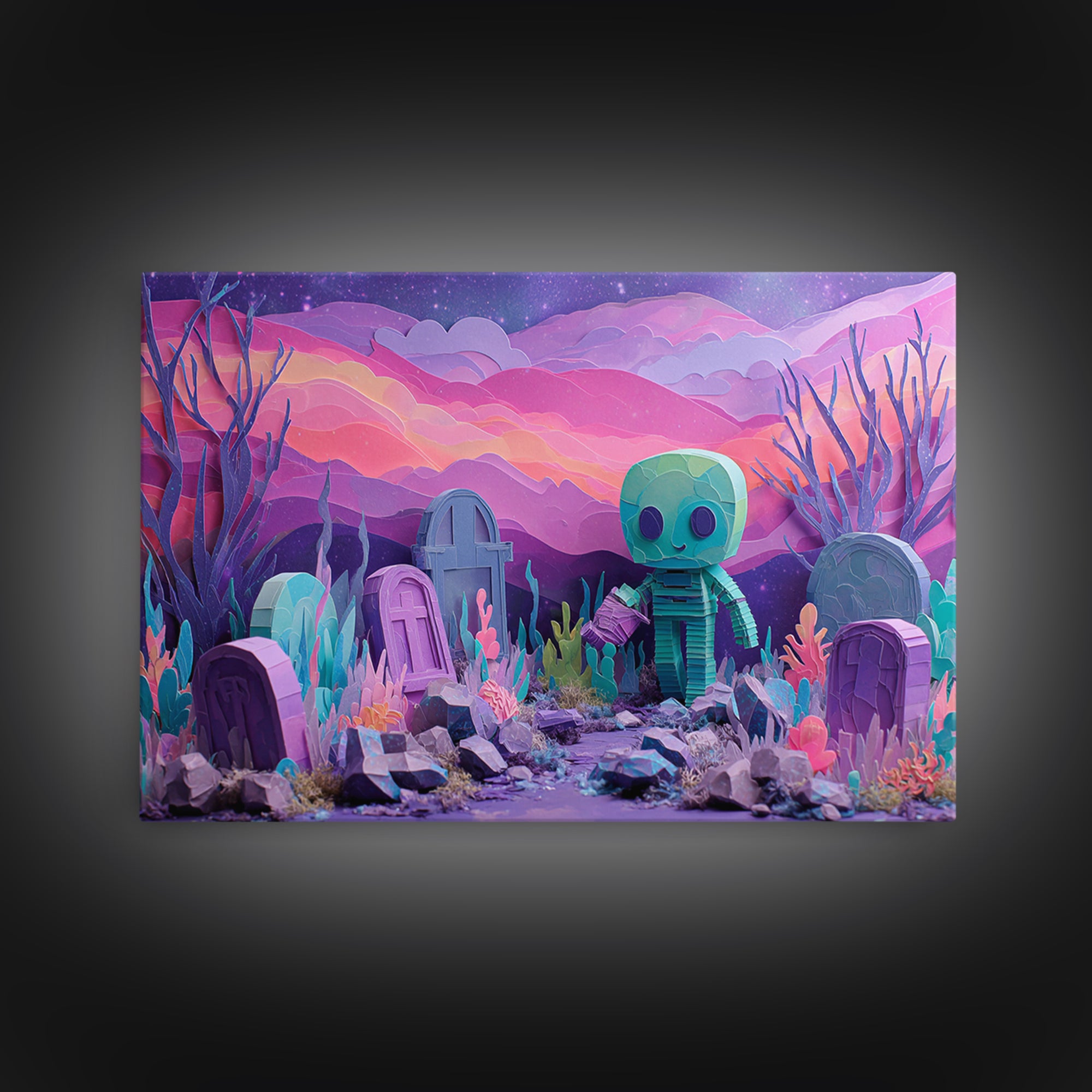 The Grave Gardener Of Yuggoth, Cosmic Synthwave Horror, Landscape Wall Art, Canvas Print, Retro Halloween Decor, Neon Wall Art