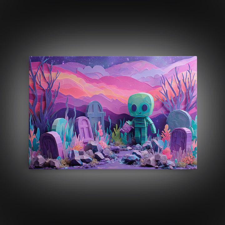 The Grave Gardener Of Yuggoth, Cosmic Synthwave Horror, Landscape Wall Art, Canvas Print, Retro Halloween Decor, Neon Wall Art