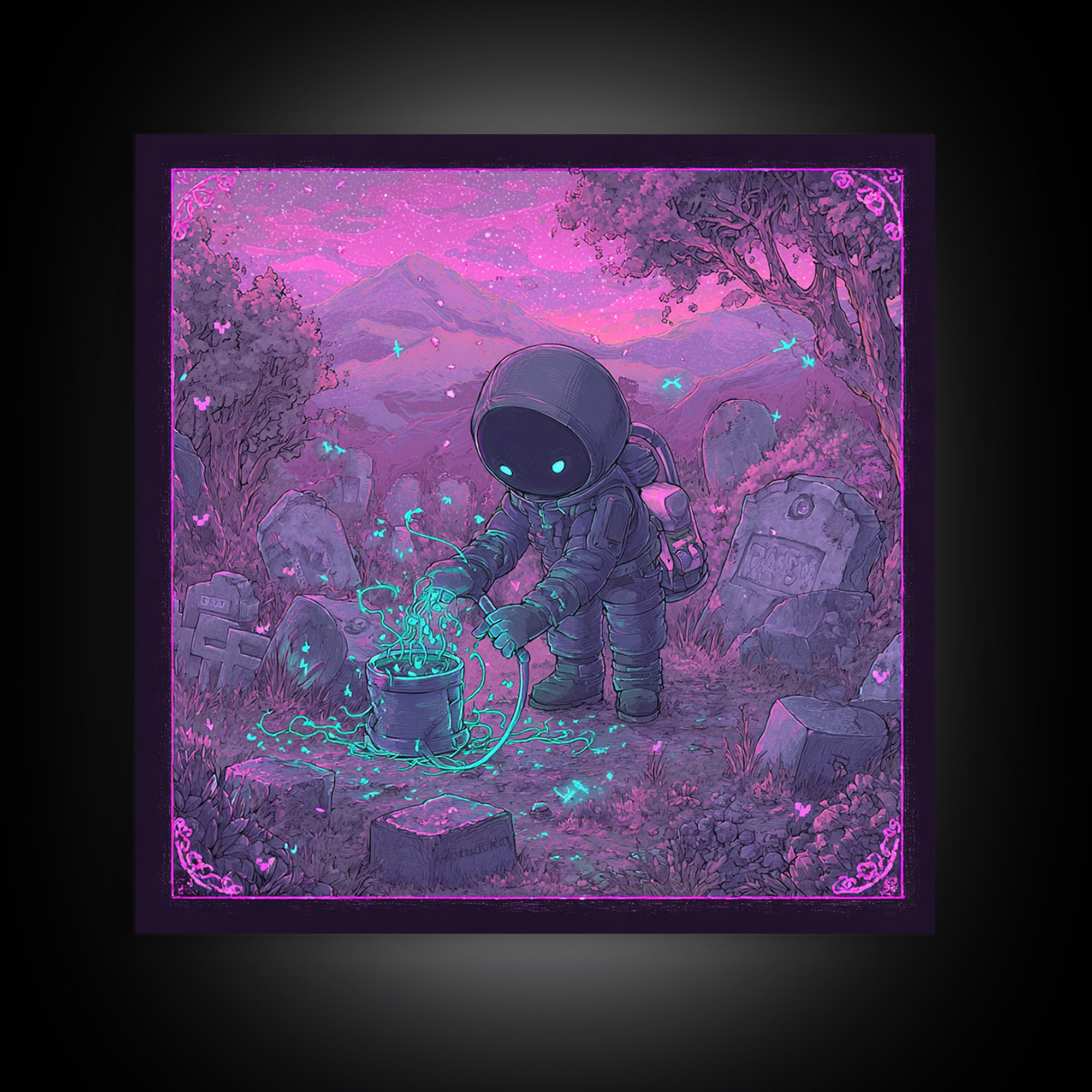 The Grave Gardener Of Yuggoth, 80s Halloween Wall Art, Square Wall Art, Framed Canvas Print, Retro Halloween Decor, Neon Wall Art