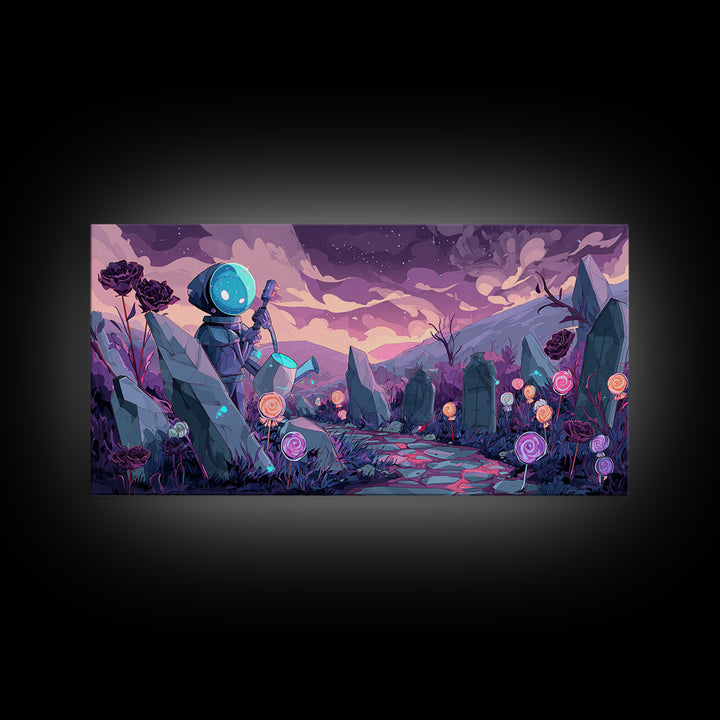 The Grave Gardener Of Yuggoth, Retro Neon Halloween Art, Wide Panoramic Art, Framed Canvas Print, Retro Halloween Decor, Neon Wall Art