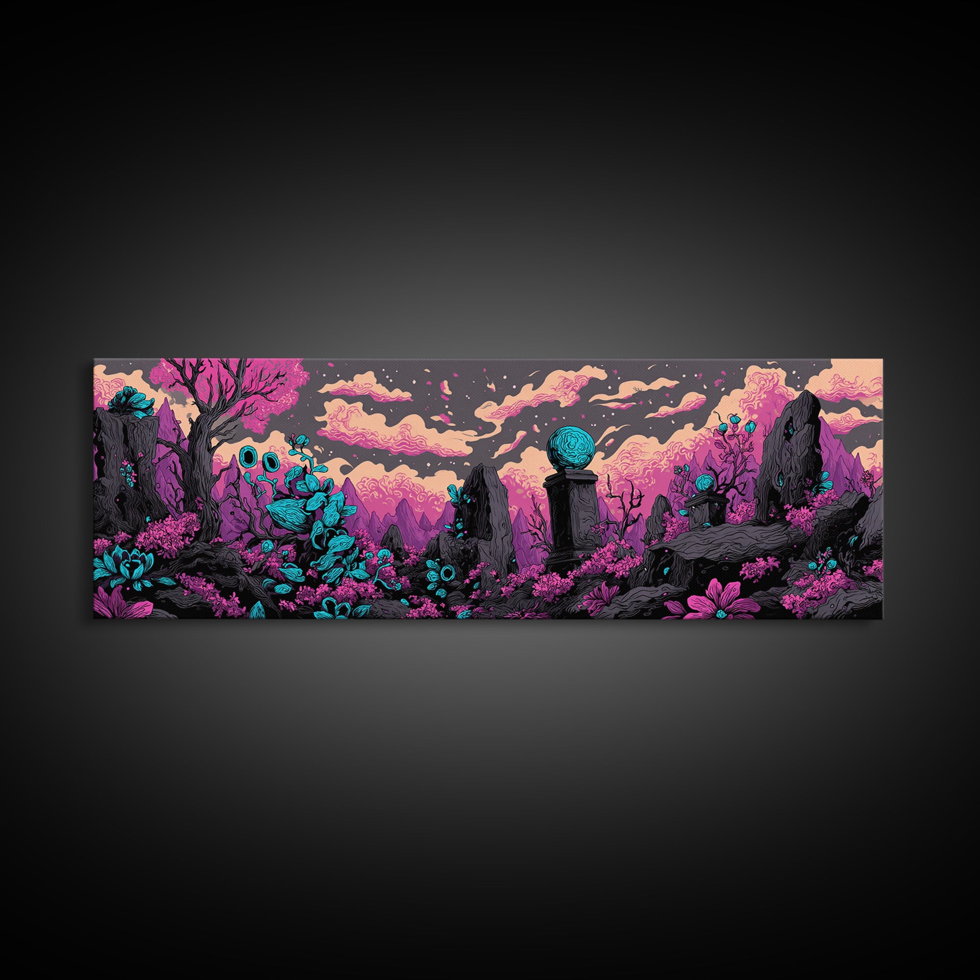 The Grave Gardener Of Yuggoth, Cosmic Synthwave Horror, Extra Wide Wall Art, Framed Canvas Print, Retro Halloween Decor, Neon Wall Art