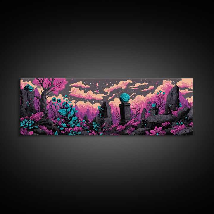 The Grave Gardener Of Yuggoth, Cosmic Synthwave Horror, Extra Wide Wall Art, Framed Canvas Print, Retro Halloween Decor, Neon Wall Art