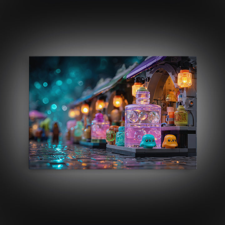 The Lantern Market Beyond The Veil, Cute Eldritch Neon Art, Landscape Wall Art, Canvas Print, Retro Halloween Decor, Neon Wall Art