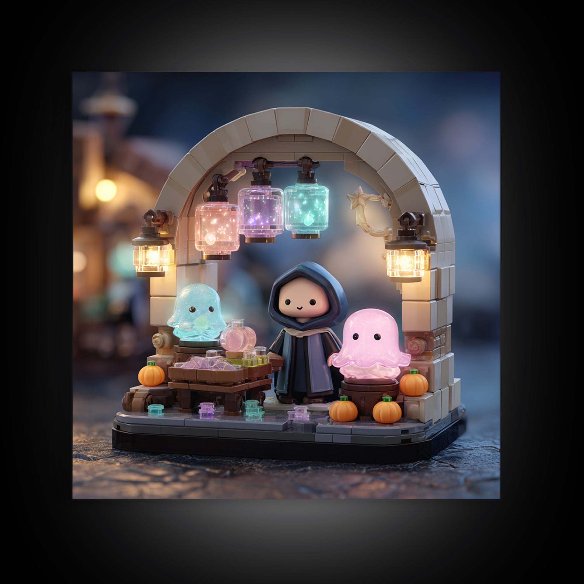 The Lantern Market Beyond The Veil, Retro Neon Halloween Art, Square Wall Art, Canvas Print, Retro Halloween Decor, Neon Wall Art