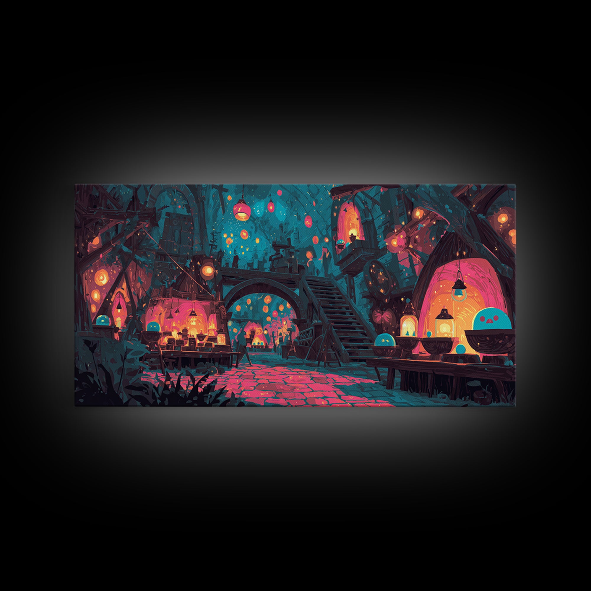 The Lantern Market Beyond The Veil, Cute Spooky Neon Art, Wide Panoramic Art, Canvas Print, Retro Halloween Decor, Neon Wall Art