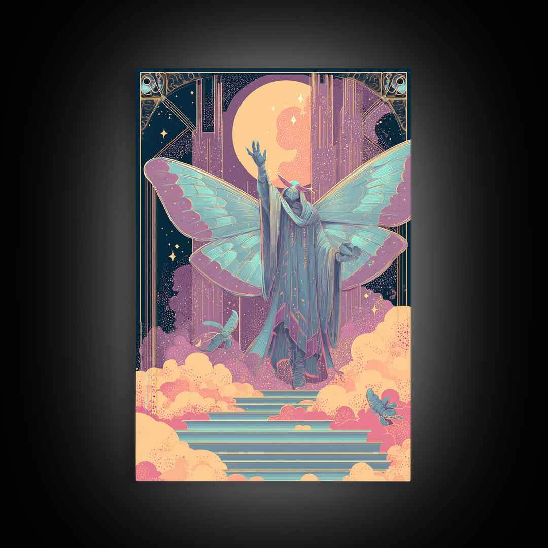 The Moth Prophet Of Kadath, Vaporwave Halloween Decor, Vertical Wall Art, Canvas Print, Retro Halloween Decor, Neon Wall Art