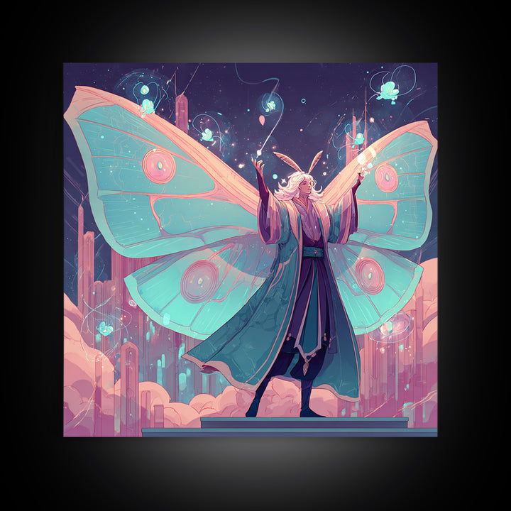 The Moth Prophet Of Kadath, Cute Spooky Neon Art, Square Wall Art, Framed Canvas Print, Retro Halloween Decor, Neon Wall Art