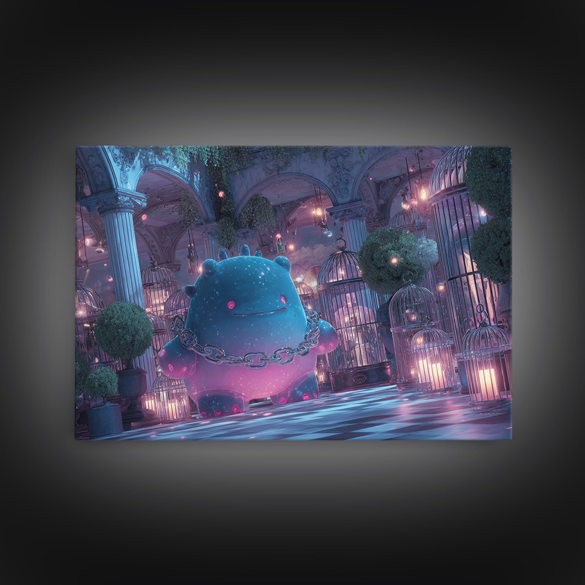 The Moonlit Shoggoth Menagerie, Vaporwave Halloween Decor, Landscape Wall Art, Framed Canvas Print, Retro Halloween Decor, Neon Wall Art