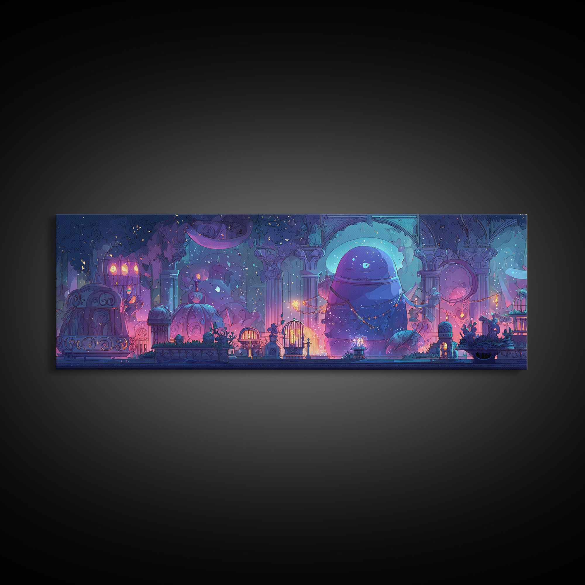 The Moonlit Shoggoth Menagerie, 80s Halloween Wall Art, Extra Wide Wall Art, Canvas Print, Retro Halloween Decor, Neon Wall Art