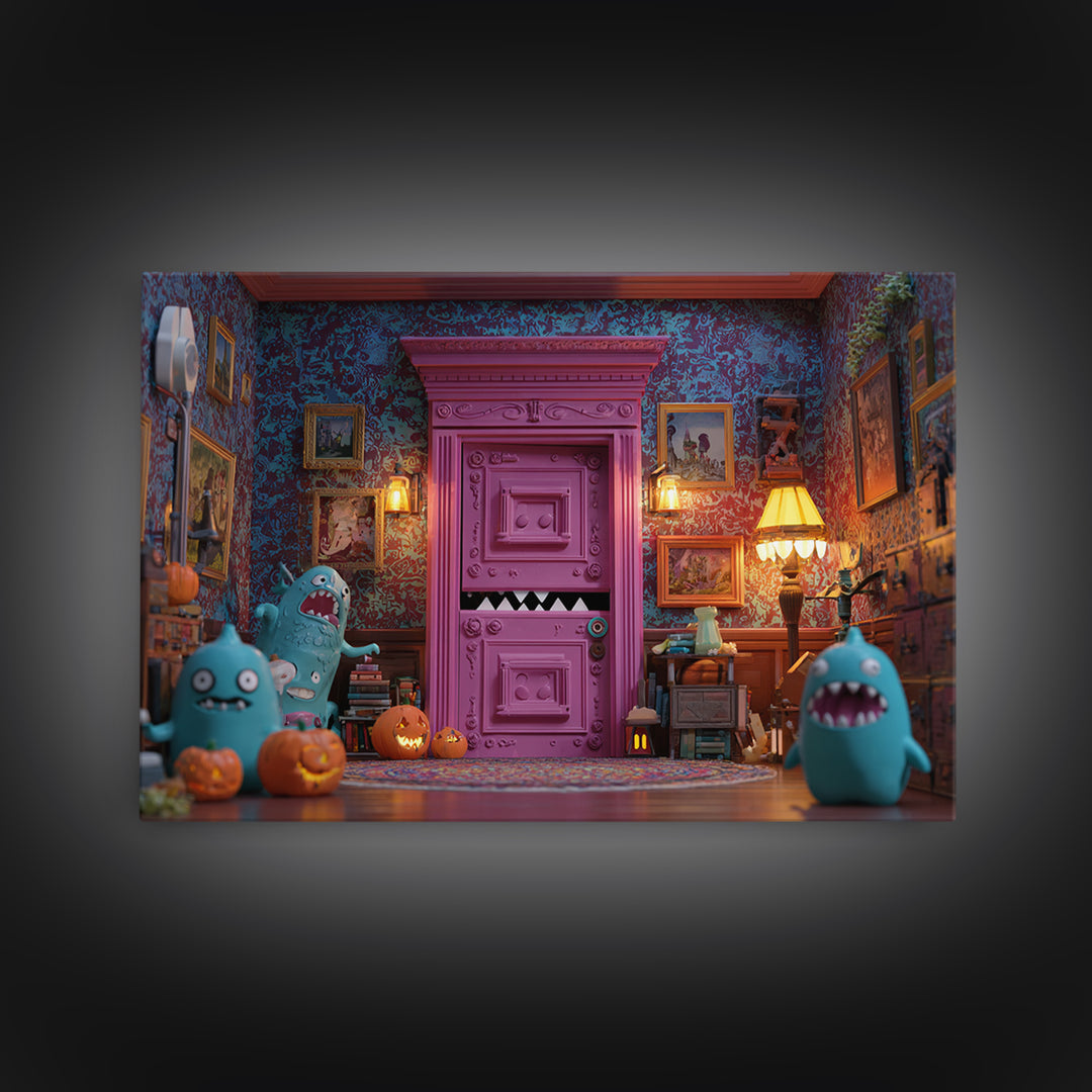 The Thirteenth Door Of Arkham House, Retro Neon Halloween Art, Landscape Wall Art, Canvas Print, Retro Halloween Decor, Neon Wall Art