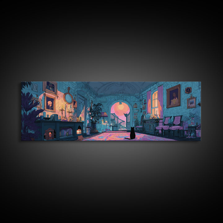 The Thirteenth Door Of Arkham House, Cute Eldritch Neon Art, Extra Wide Wall Art, Framed Canvas Print, Retro Halloween Decor, Neon Wall Art