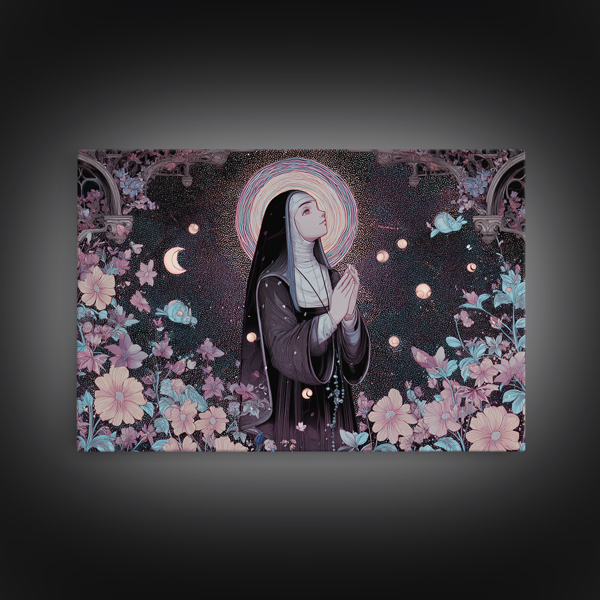 The Nun Of The Endless Constellation, Vaporwave Halloween Decor, Landscape Wall Art, Canvas Print, Retro Halloween Decor, Neon Wall Art