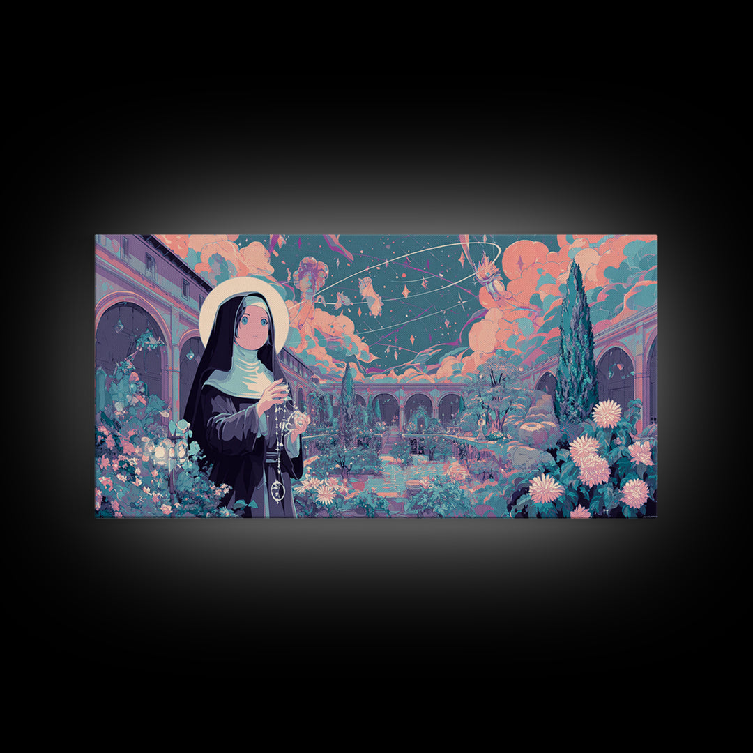The Nun Of The Endless Constellation, Synthwave Halloween Art, Wide Panoramic Art, Framed Canvas Print, Retro Halloween Decor, Neon Wall Art