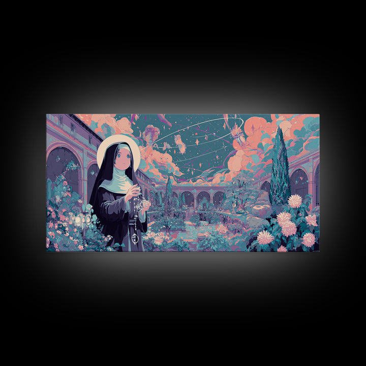The Nun Of The Endless Constellation, Synthwave Halloween Art, Wide Panoramic Art, Framed Canvas Print, Retro Halloween Decor, Neon Wall Art
