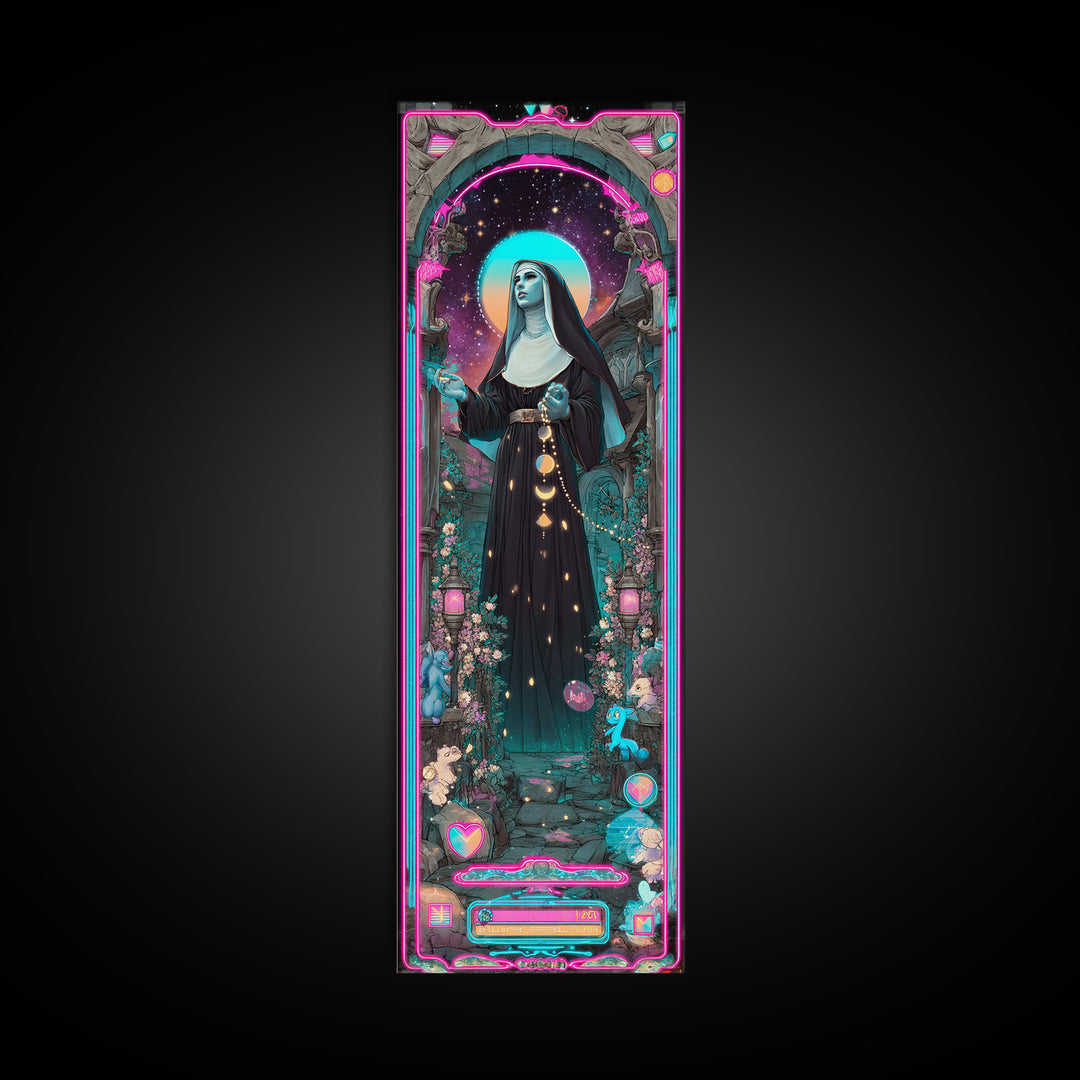 The Nun Of The Endless Constellation, Synthwave Halloween Art, Tall Narrow Wall Art, Canvas Print, Retro Halloween Decor, Neon Wall Art