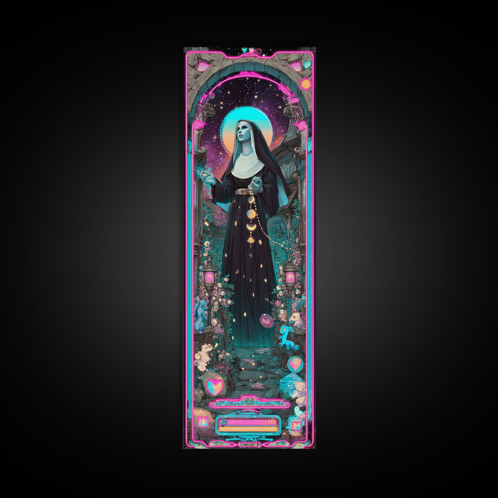 The Nun Of The Endless Constellation, Synthwave Halloween Art, Tall Narrow Wall Art, Canvas Print, Retro Halloween Decor, Neon Wall Art