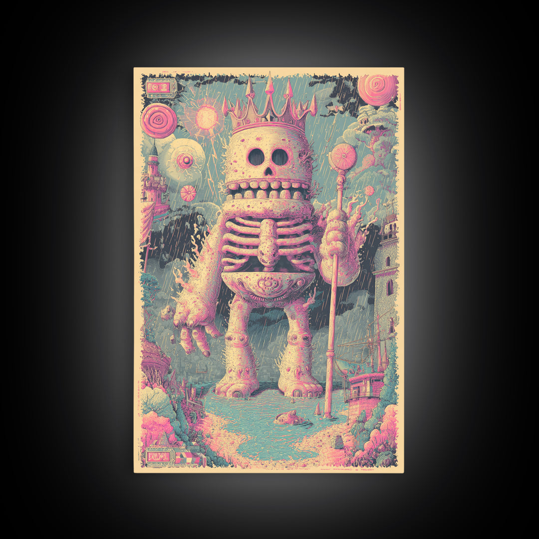 The Salt King Of The Black Shore, Cosmic Synthwave Horror, Vertical Wall Art, Canvas Print, Retro Halloween Decor, Neon Wall Art